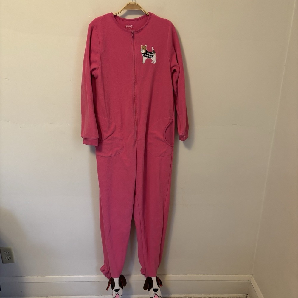 Nick & Nora Pink Dog Fleece Pajamas Footed Sleepwear‎ Medium Novelty DESC